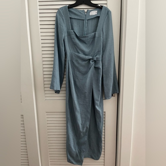 ASOS DESIGN square neck fluted mid dress in denim blue. Size US 4, small. - Picture 5 of 6